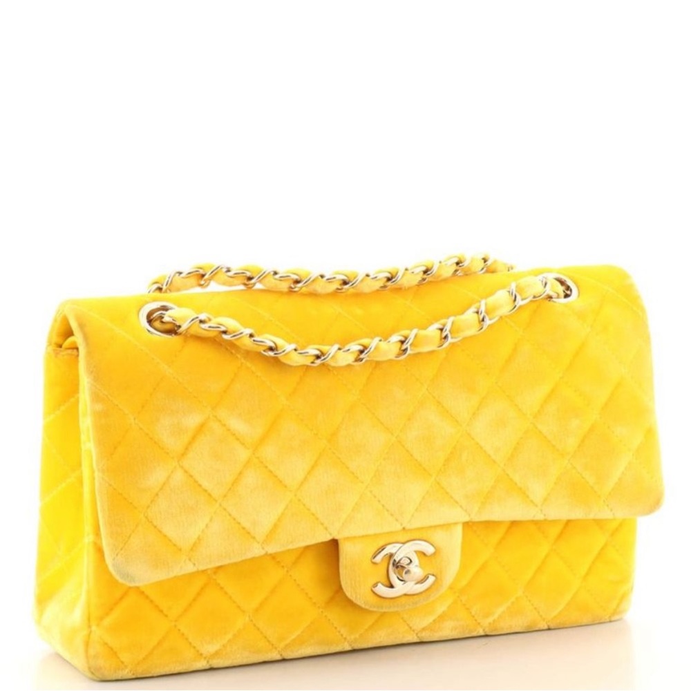 CHANEL DOUBLE FLAP QUILTED YELLOW VELVET MEDIUM CLASSIC BAG